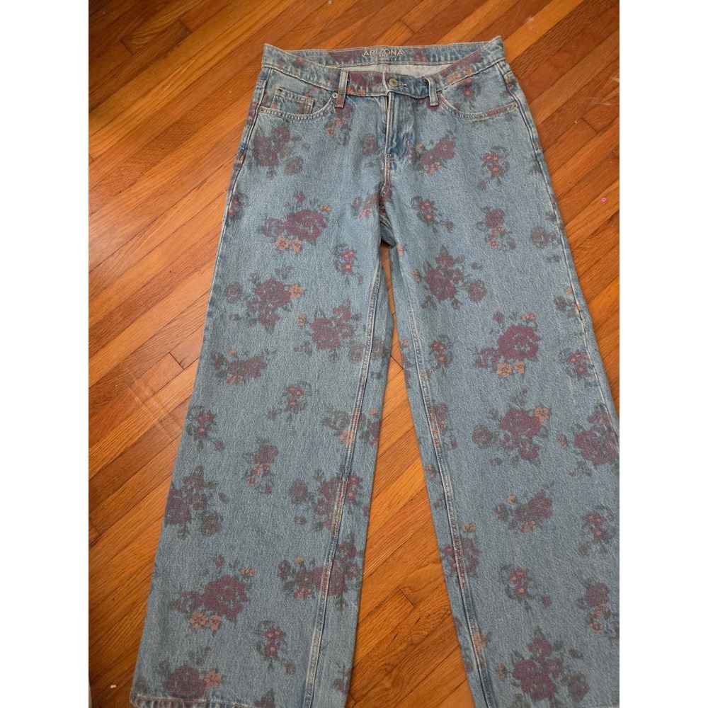 Arizona Jean Co Floral Rose Print High Waisted Straight Leg Jeans Light Wash 8